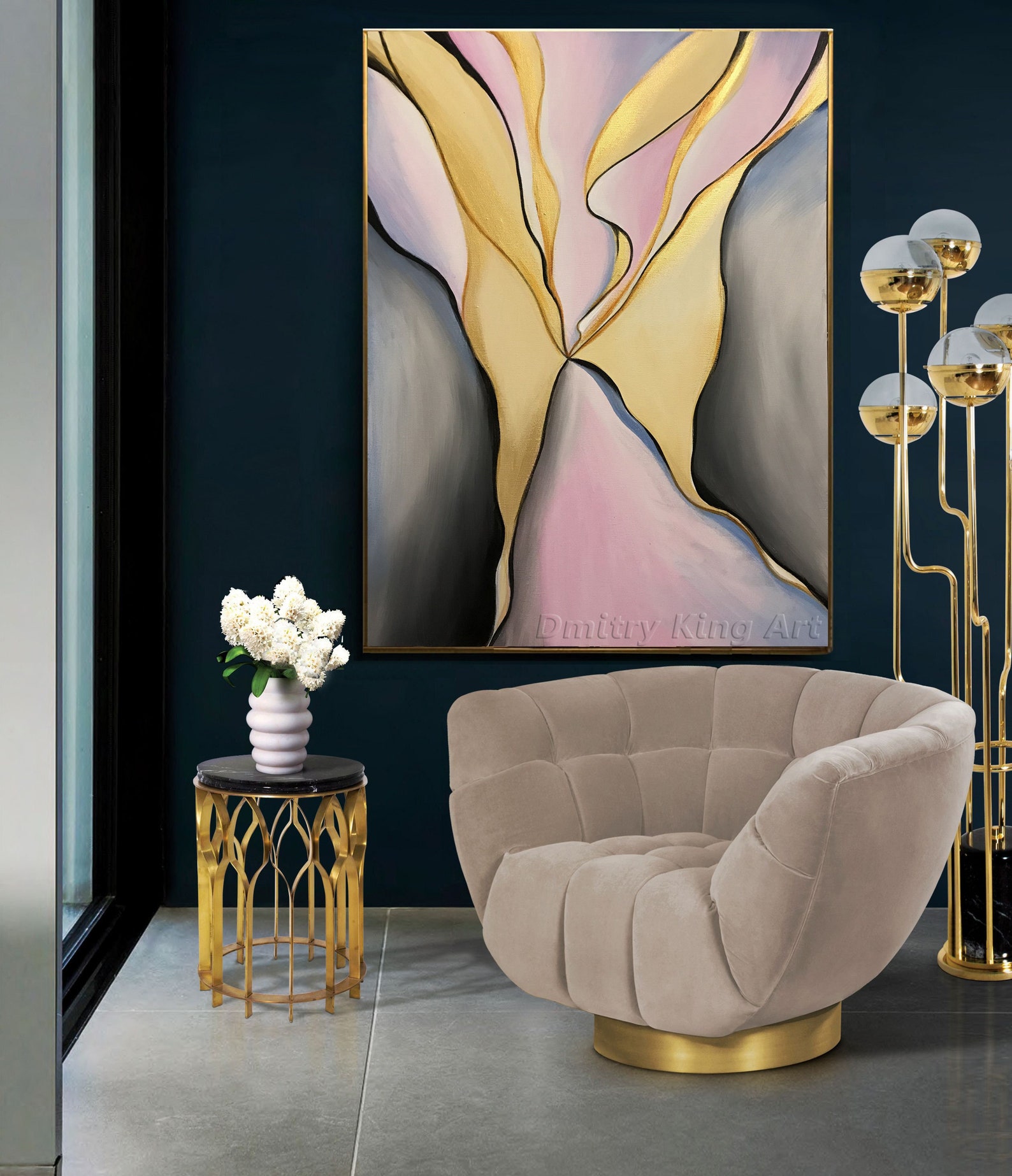 Large Abstract Grey Pink Oil Painting on Canvas Gold Leaf Art Abstract