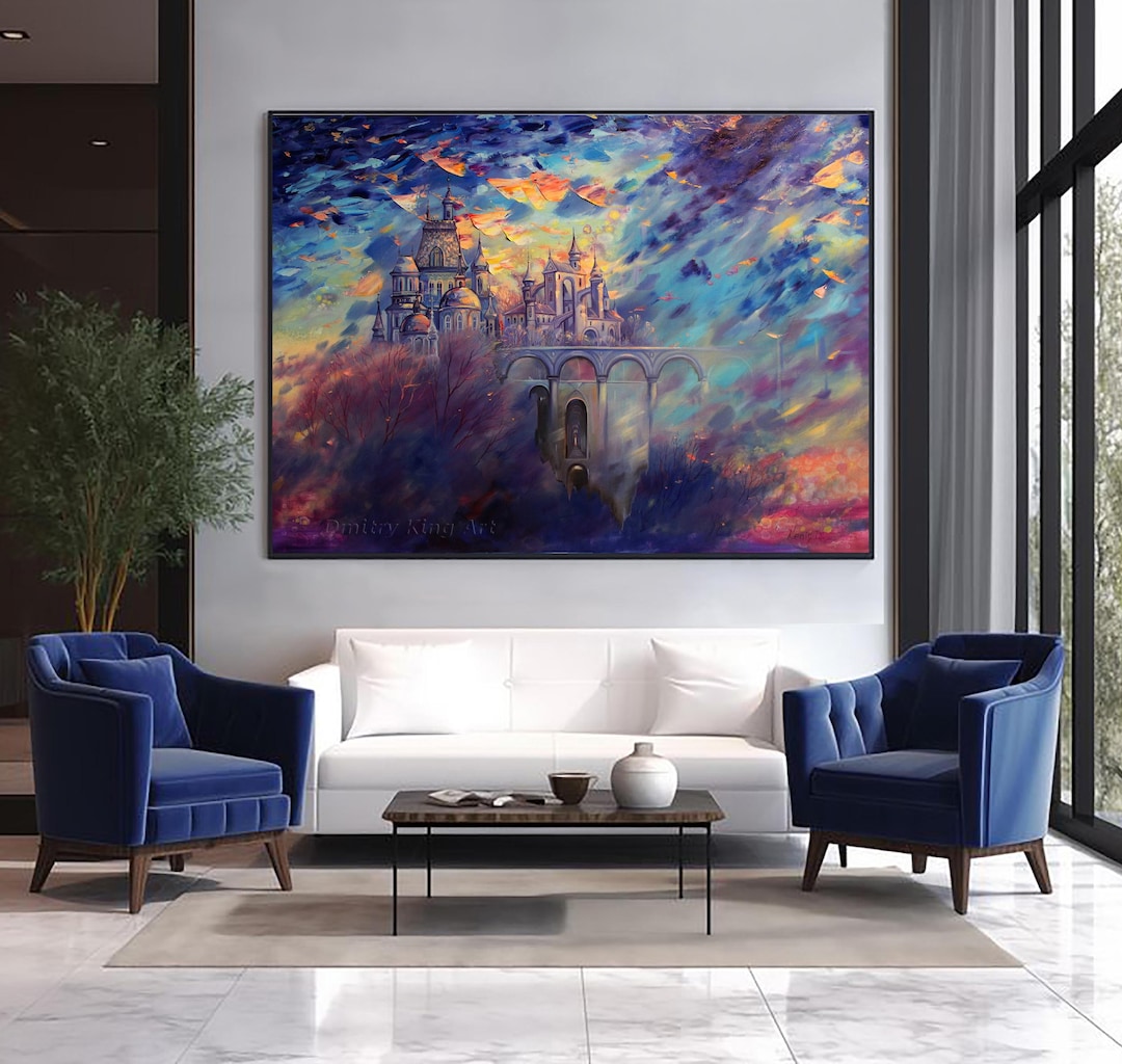 Textured Fantasy Landscape Painting: Surreal Fairytale Castle Wall Art ...
