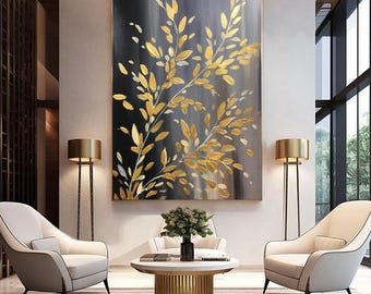 Large Golden Leaves Textured Painting, Gray And Gold Abstract Art Modern Gold Leaf Painting
