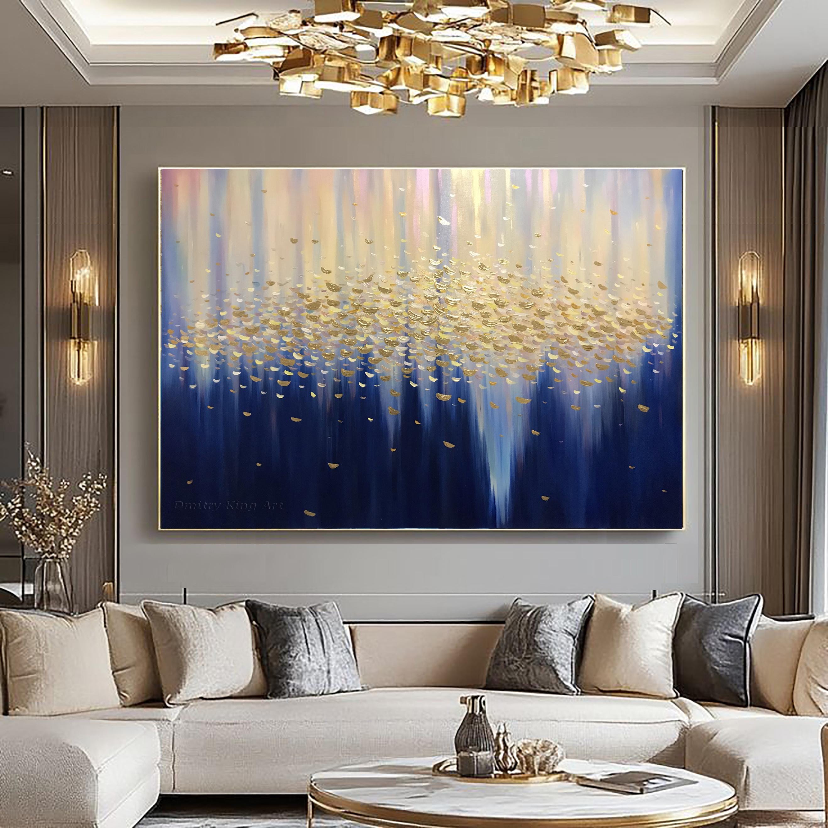 大きな抽象的なブルーゴールドの絵画、ネイビーブルーホワイトカラーの