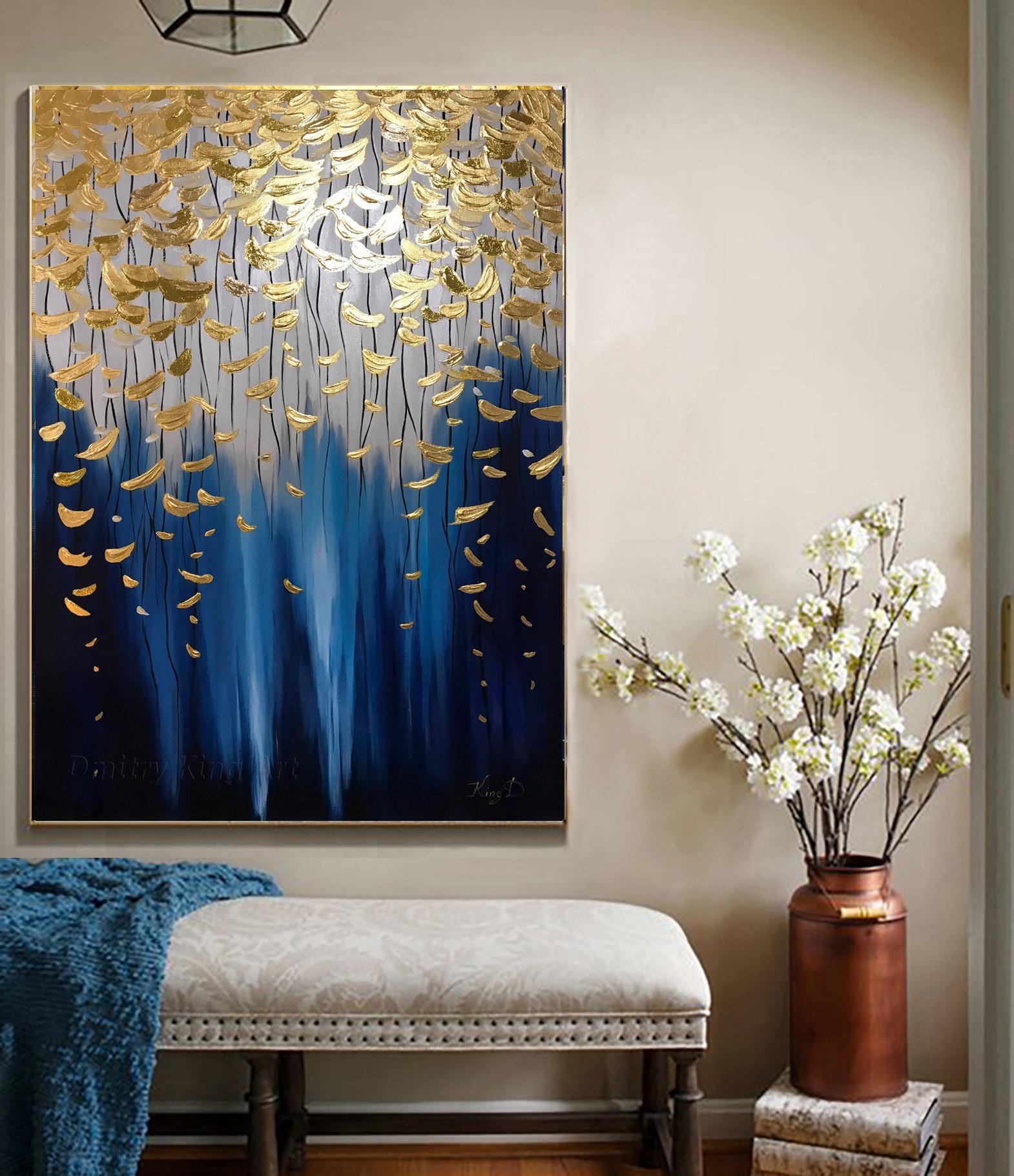 特大の絵画、青と金の抽象画、抽象画、金箔の絵画、特大の抽象画、壁