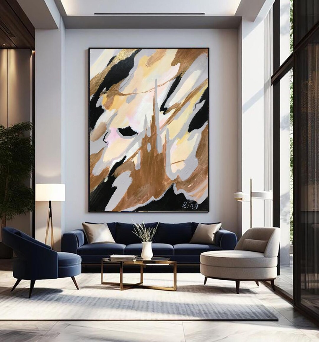 Large Beige Abstract Painting: Black Brown Minimalist Wall Art - Etsy