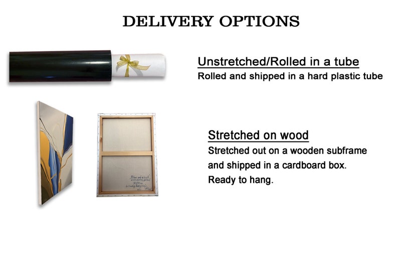 May include: A painting on canvas with blue, yellow, and white abstract shapes. The painting is shown in two ways: rolled up in a tube and stretched on a wooden frame. The text on the back of the stretched canvas reads "Blue and gold, a combination that always brings joy.  A loving memory of a beautiful day."