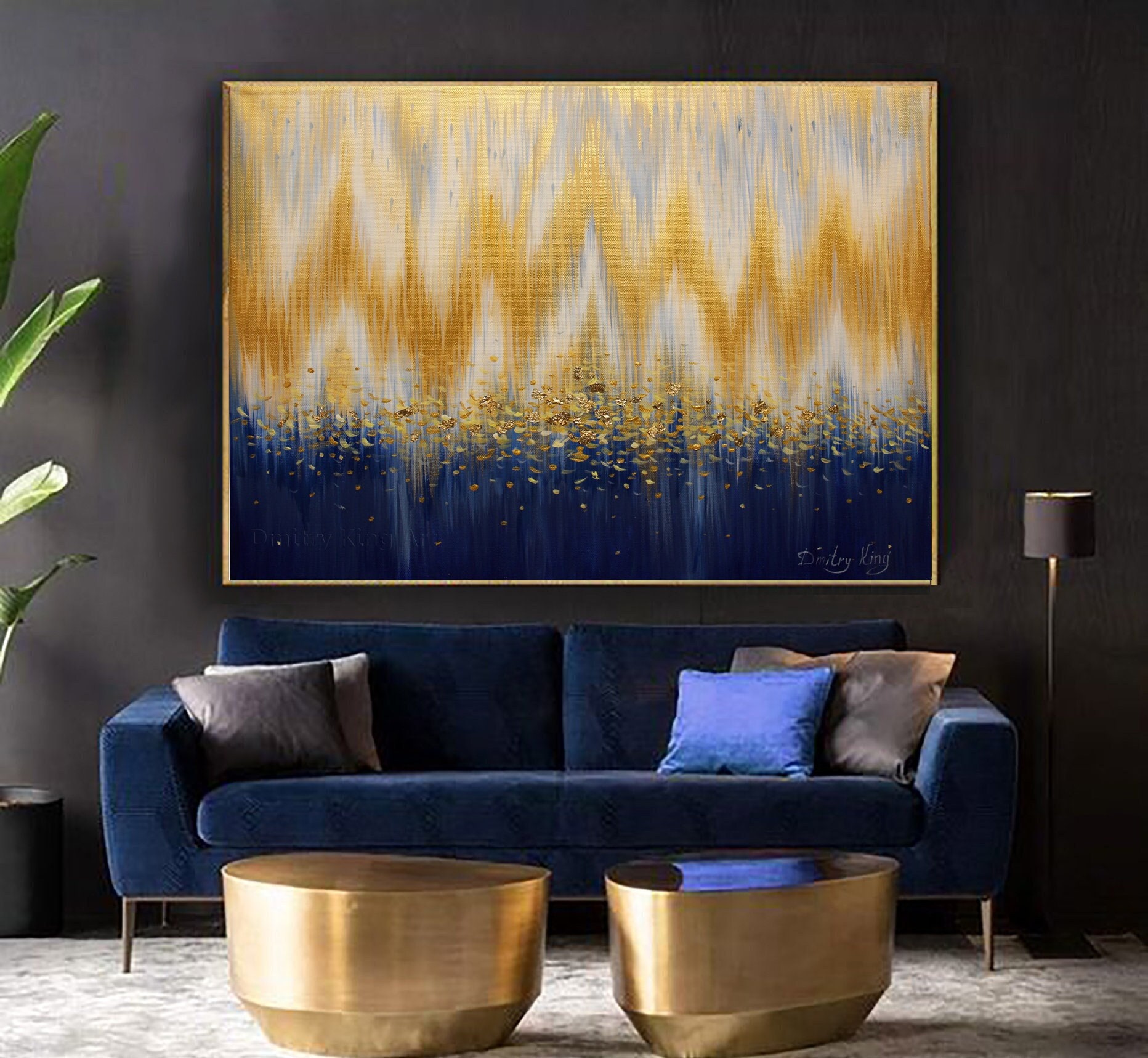 Large Abstract Blue Gold Art Painting on Canvas, Gold Abstract Painting ...