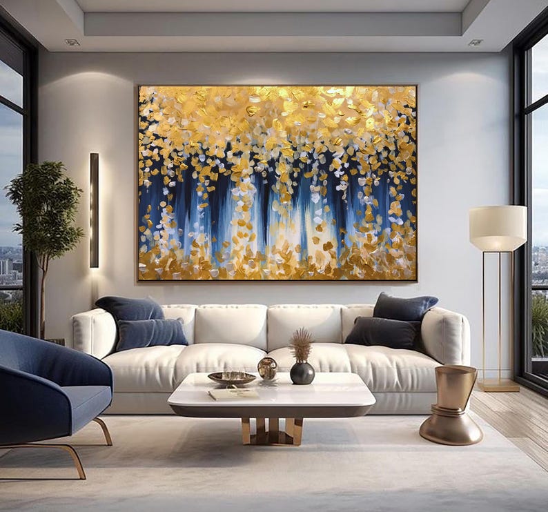 Large Blue Gold Handmade Abstract Art, Blue and Gold Leaf Painting on ...