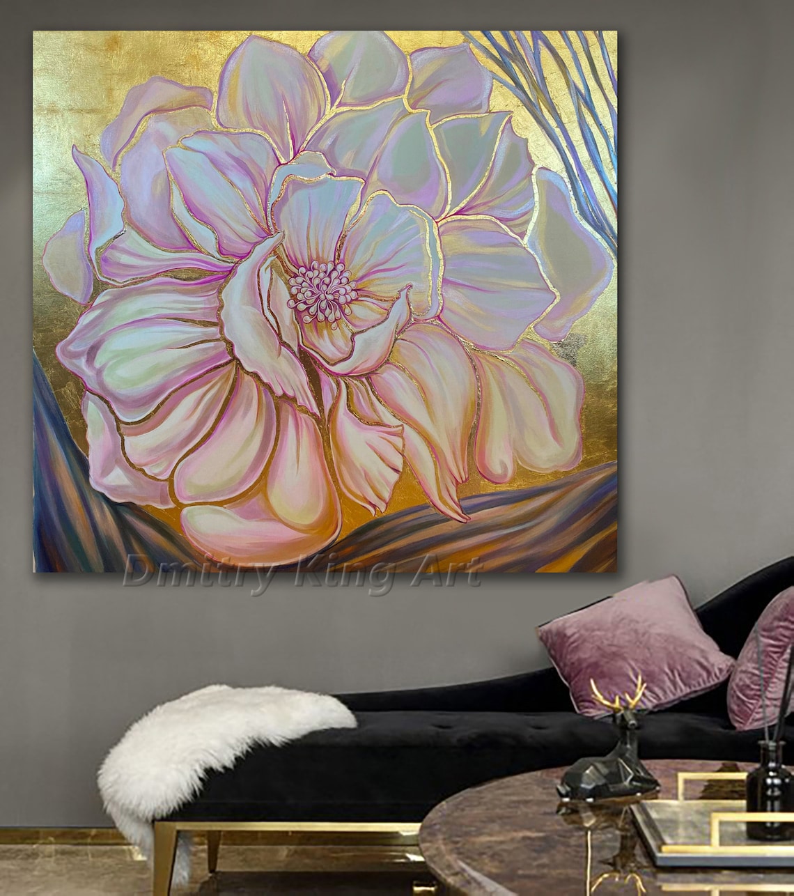 Large Rose Gold Flower Wall Art Art Deco Floral Art Floral Etsy