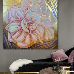 Large Rose Gold Flower Wall Art, Art Deco floral art, Floral Painting, Gold leaf painting