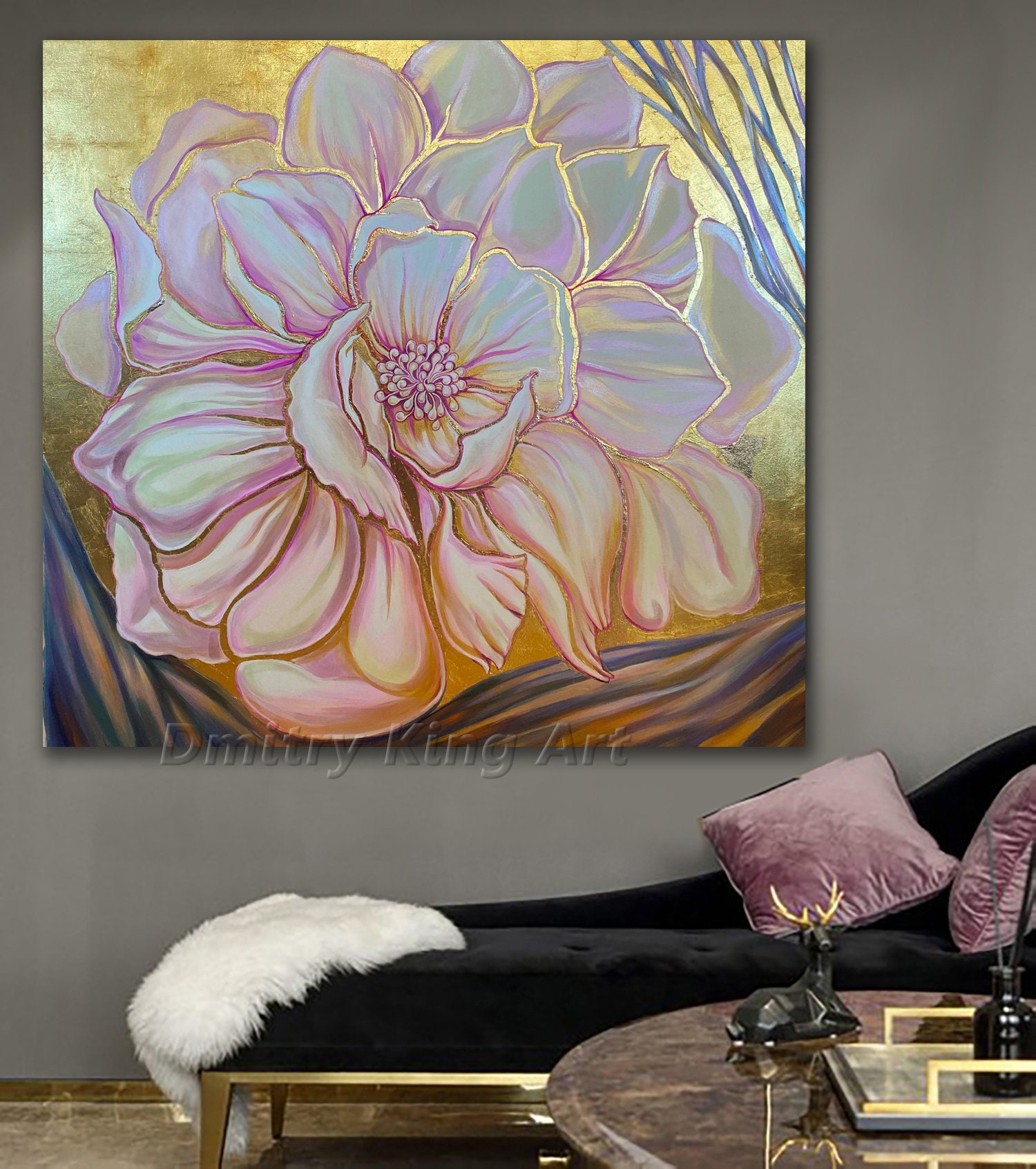 Large Rose Gold Flower Wall Art Art Deco Floral Art Floral Etsy