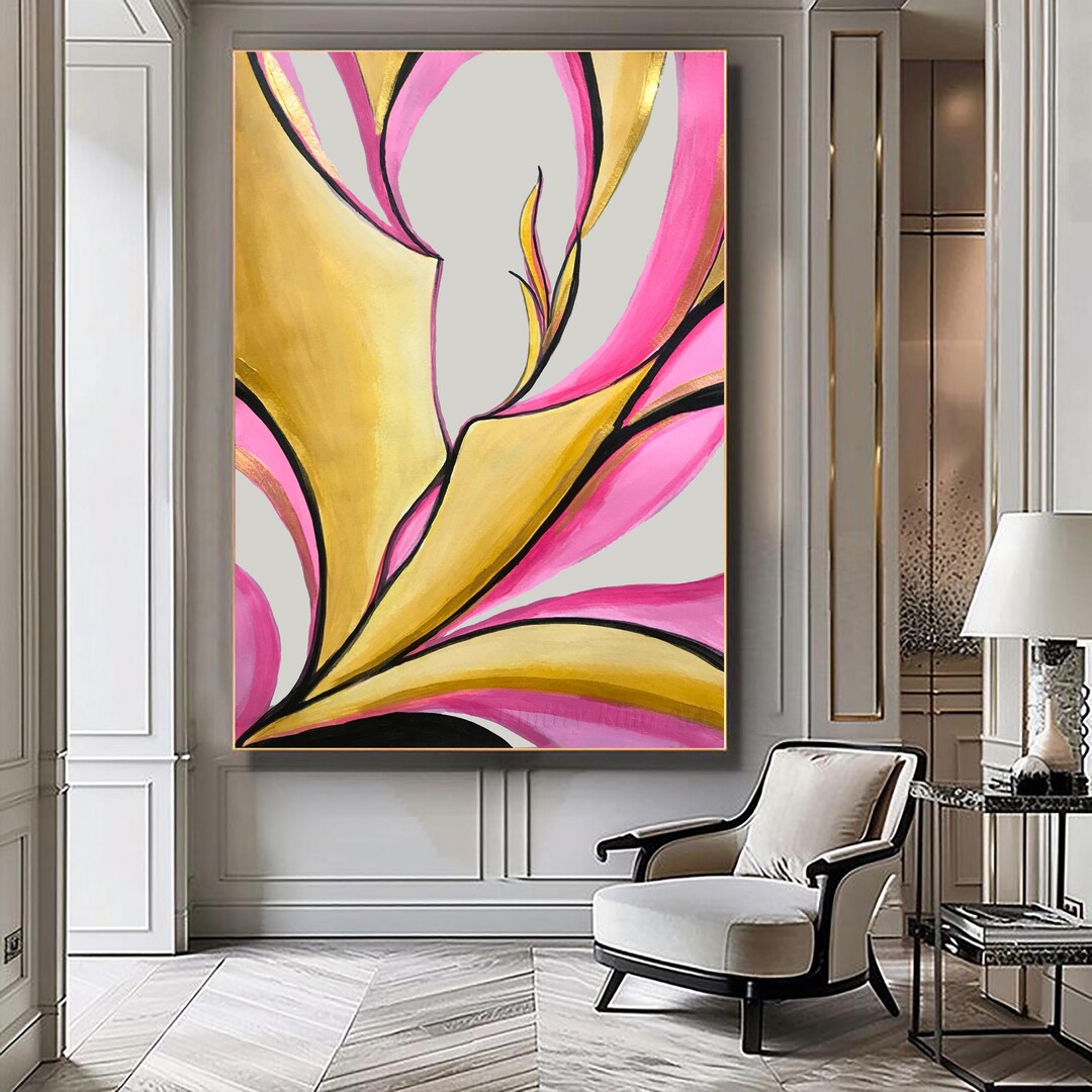 Large Pink Gray Abstract Organic Painting Gold Leaf Art Textured Canvas ...