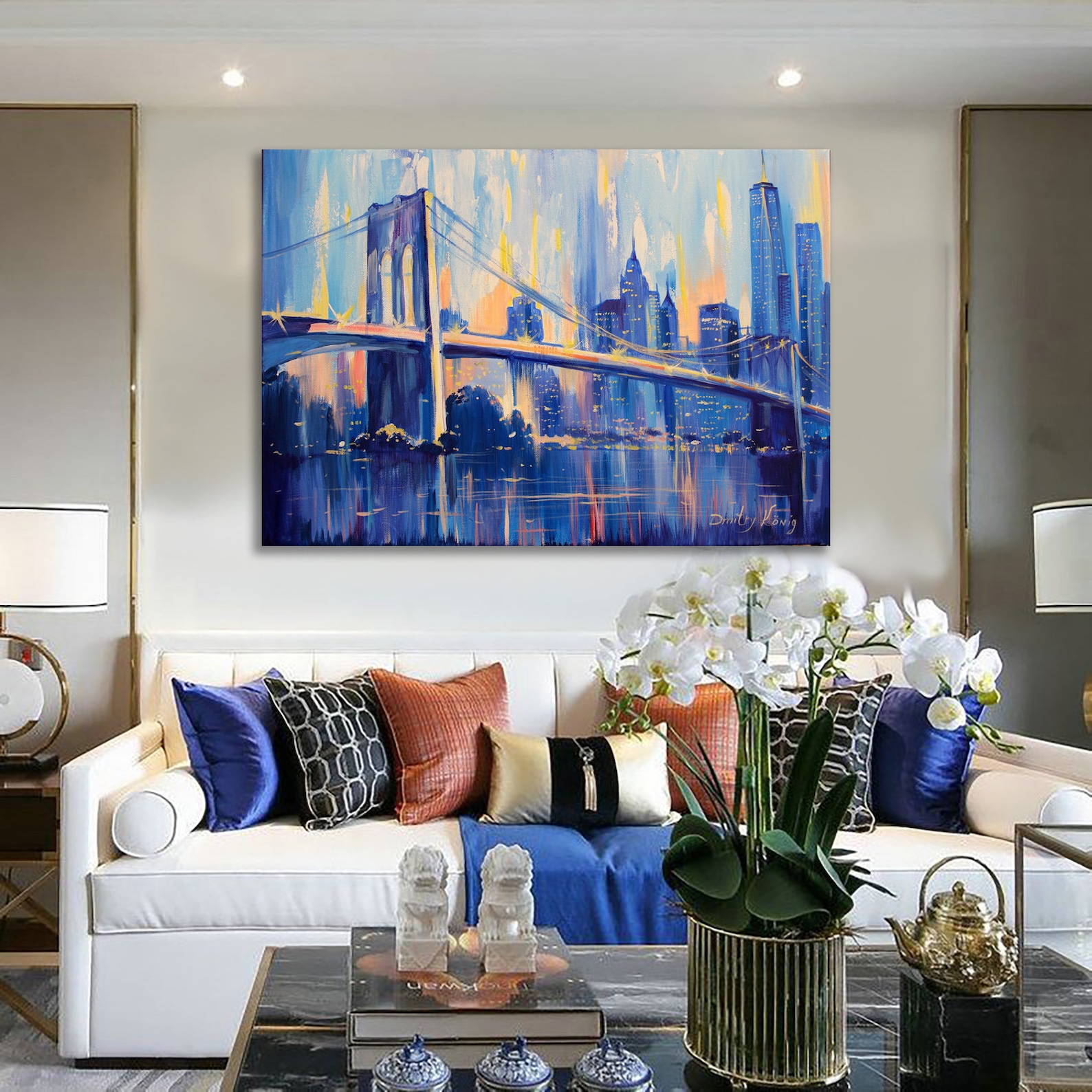 Large Urban Abstract Painting, Blue Landscape Abstract Painting, New