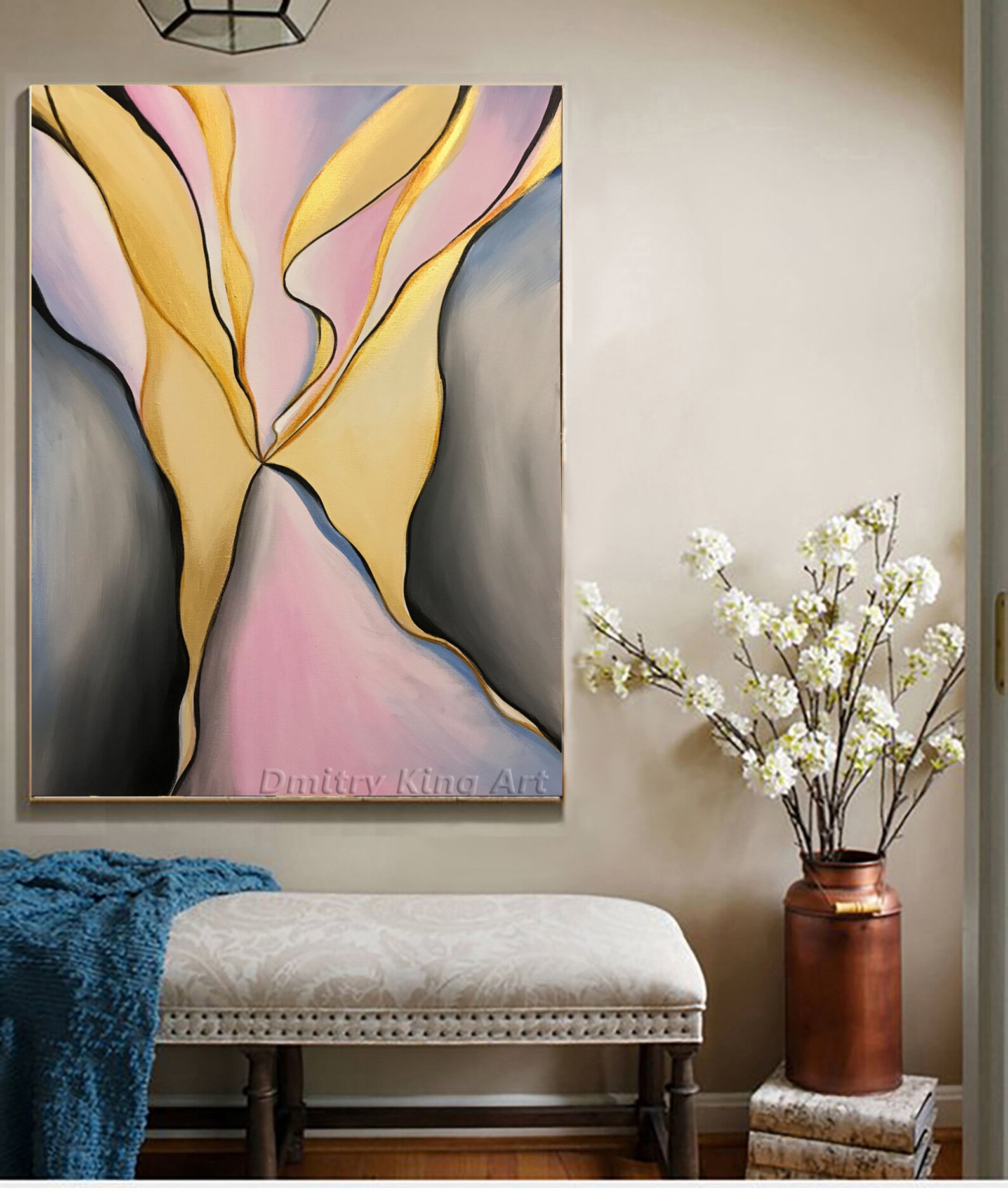 Large Abstract Grey Pink Oil Painting on Canvas Gold Leaf Art Abstract