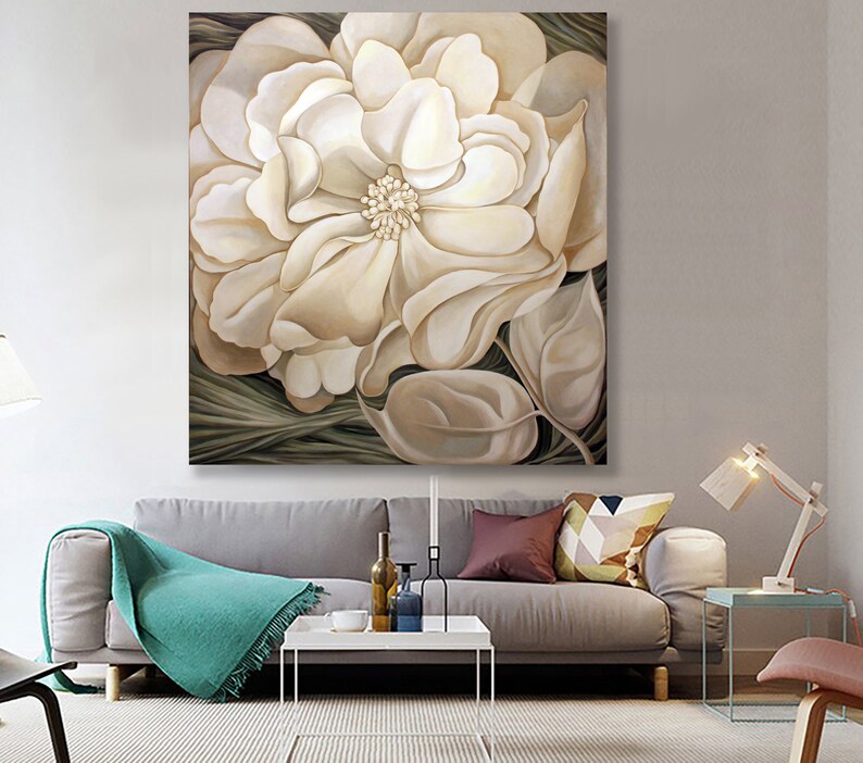 Large White Flower Wall Art Original Beige Flower Painting Etsy Australia