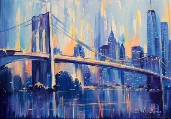 Original Design Canvas Wall Art Prints Modern Abstract Cityscape Brooklyn Bridge Painting Stretched and Framed Modern Colorful New York Skyline Buildings Picture for Home Office Decor 30x60