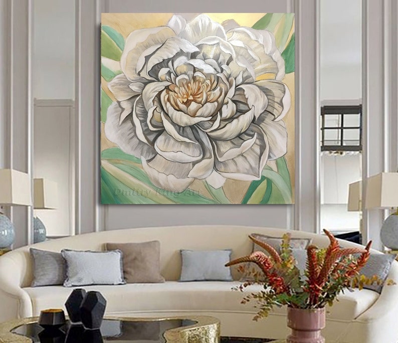 Large White Flower Wall Art Gold Green Floral Art Abstract Etsy