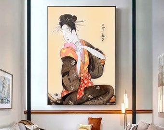 Portrait souriant de geisha japonaise, fille japonaise en kimono traditionnel, peinture à l'huile originale, femme asiatique souriante, art figuratif, décoration d'intérieur