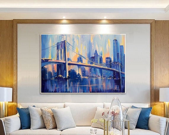 Original Design Canvas Wall Art Prints Modern Abstract Cityscape Brooklyn Bridge Painting Stretched and Framed Modern Colorful New York Skyline Buildings Picture for Home Office Decor 30x60