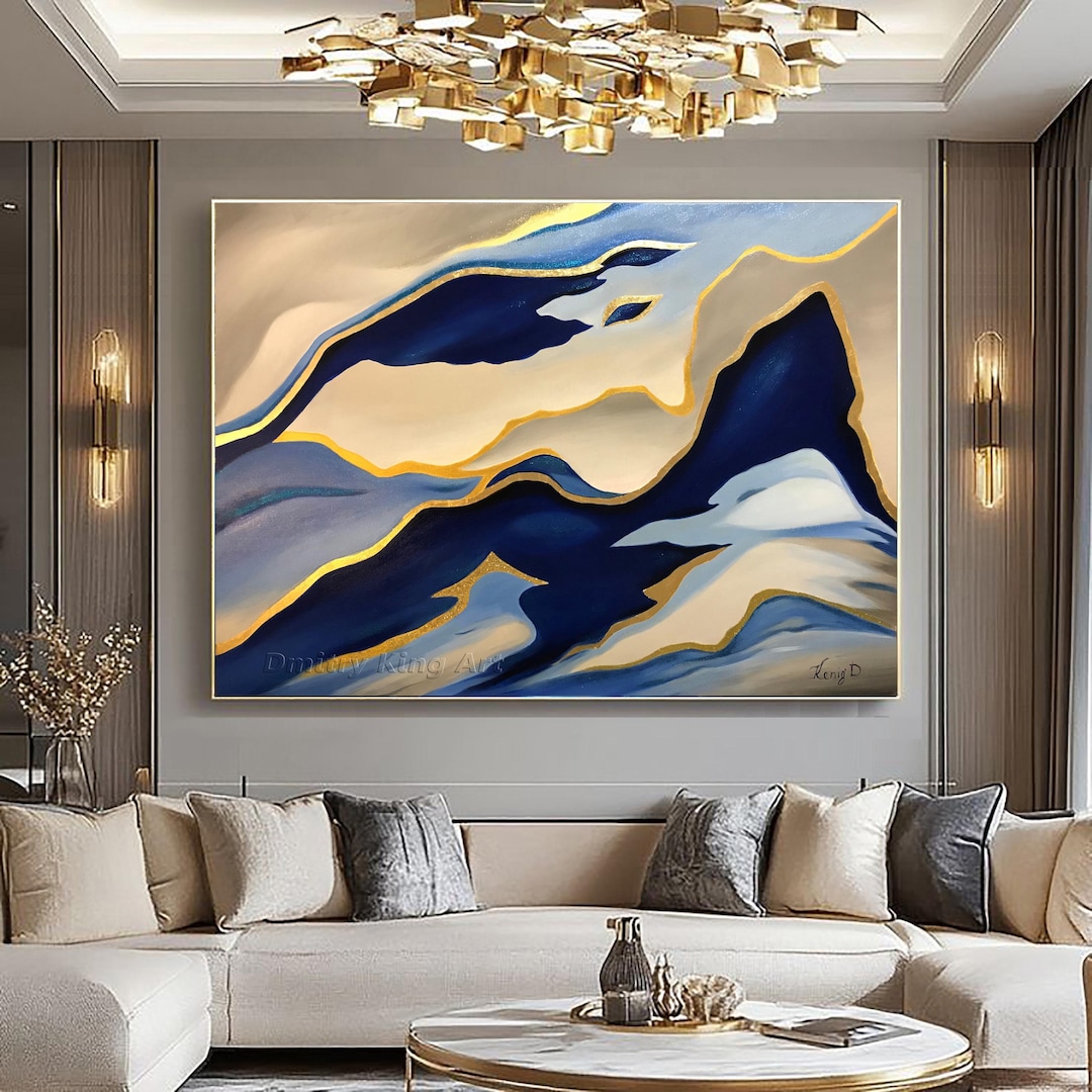 Large Abstract Blue Gold Painting, Original Navy Blue Painting Gray Art ...