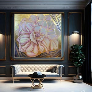 May include: A large, abstract painting of a pink flower with gold accents. The painting is framed in a gold frame and hangs on a dark gray wall. The painting is in a modern living room with a white sofa and a gold coffee table.