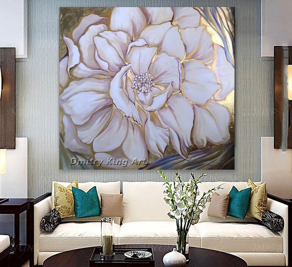 Arte de pared de flores blancas grandes, arte floral acrílico, pintura  floral abstracta, pintura de pan de oro, pintura texturizada, arte lujoso,  decoración del hogar -  México
