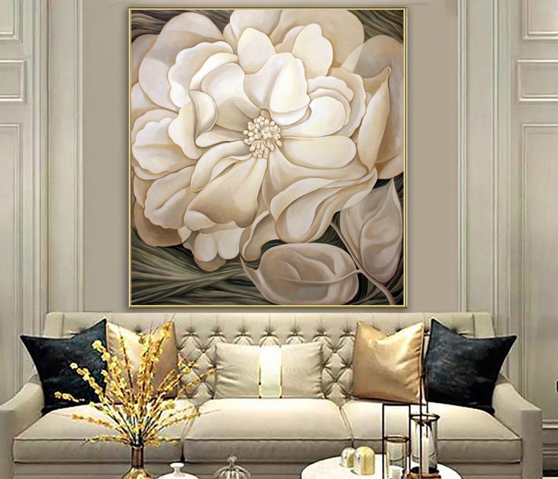 Large White Flower Wall Art Original Beige Flower Painting Etsy Australia