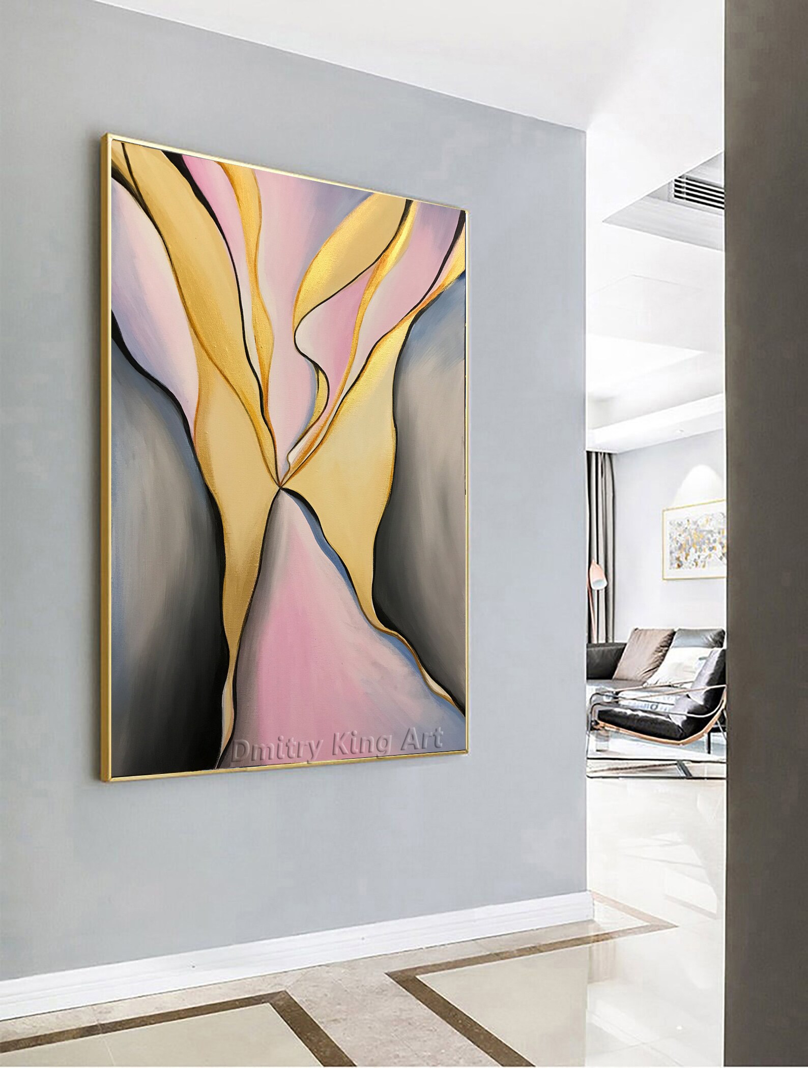 Large Abstract Grey Pink Oil Painting on Canvas Gold Leaf Art Abstract