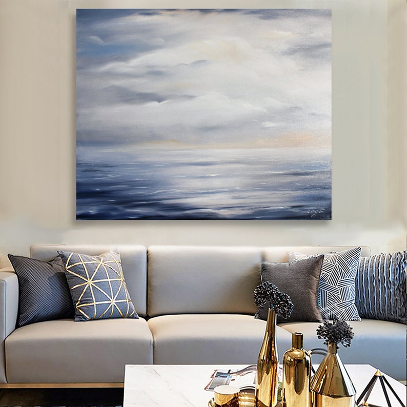 Large Ocean Abstract Painting, Blue Ocean Abstract Painting, Sea Wave Original Abstract Canvas Oil Painting, Sky Abstract Landscape Painting image 5