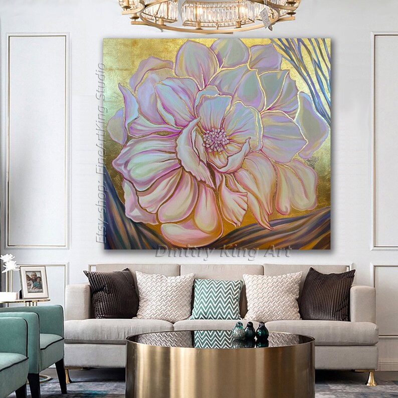 Large Rose Gold Flower Wall Art, Art Deco floral art, Floral Painting, Gold leaf painting