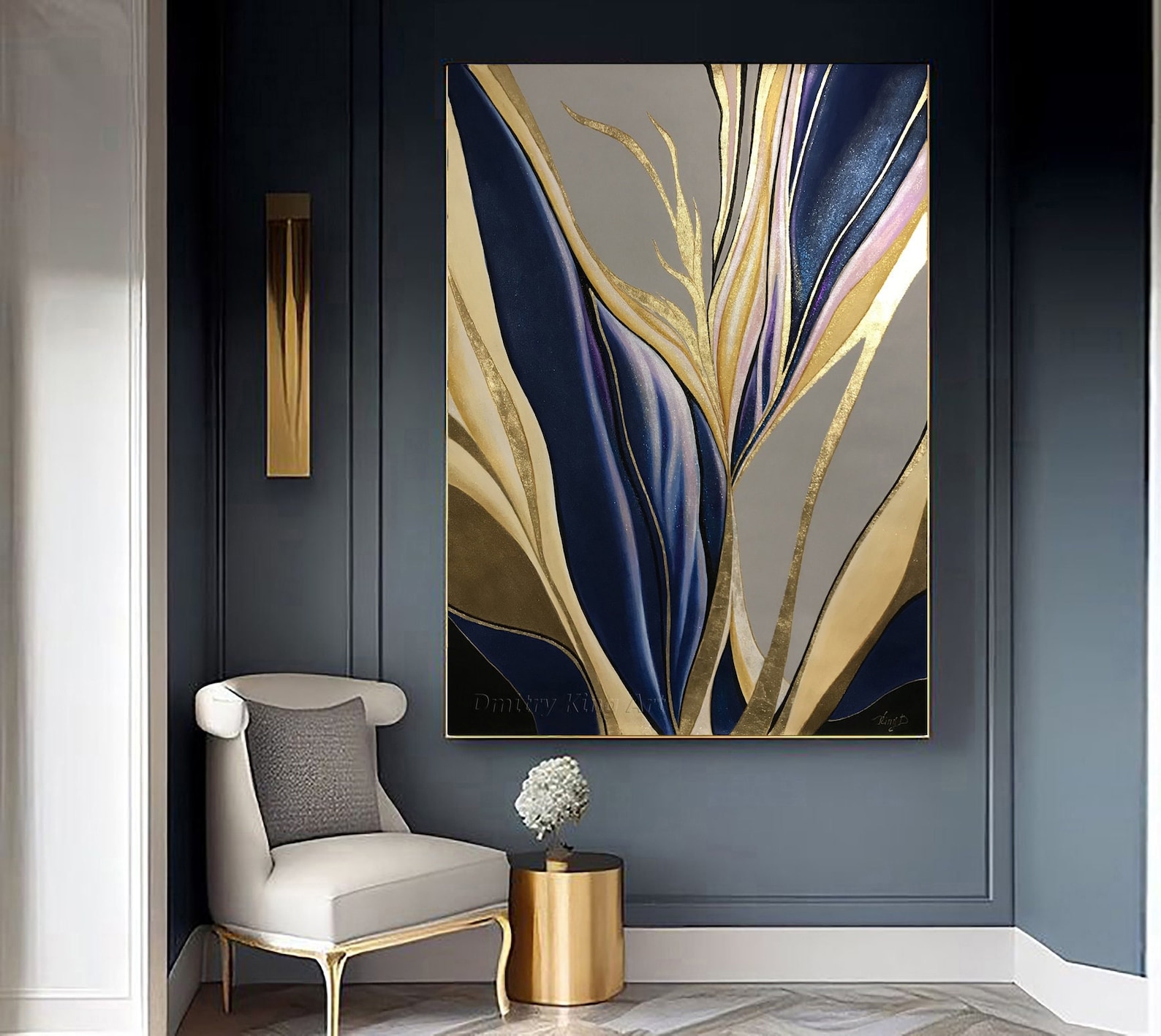 Large Navy Blue Abstract Wall Art Gold Leaf Canvas, Luxury Modern ...