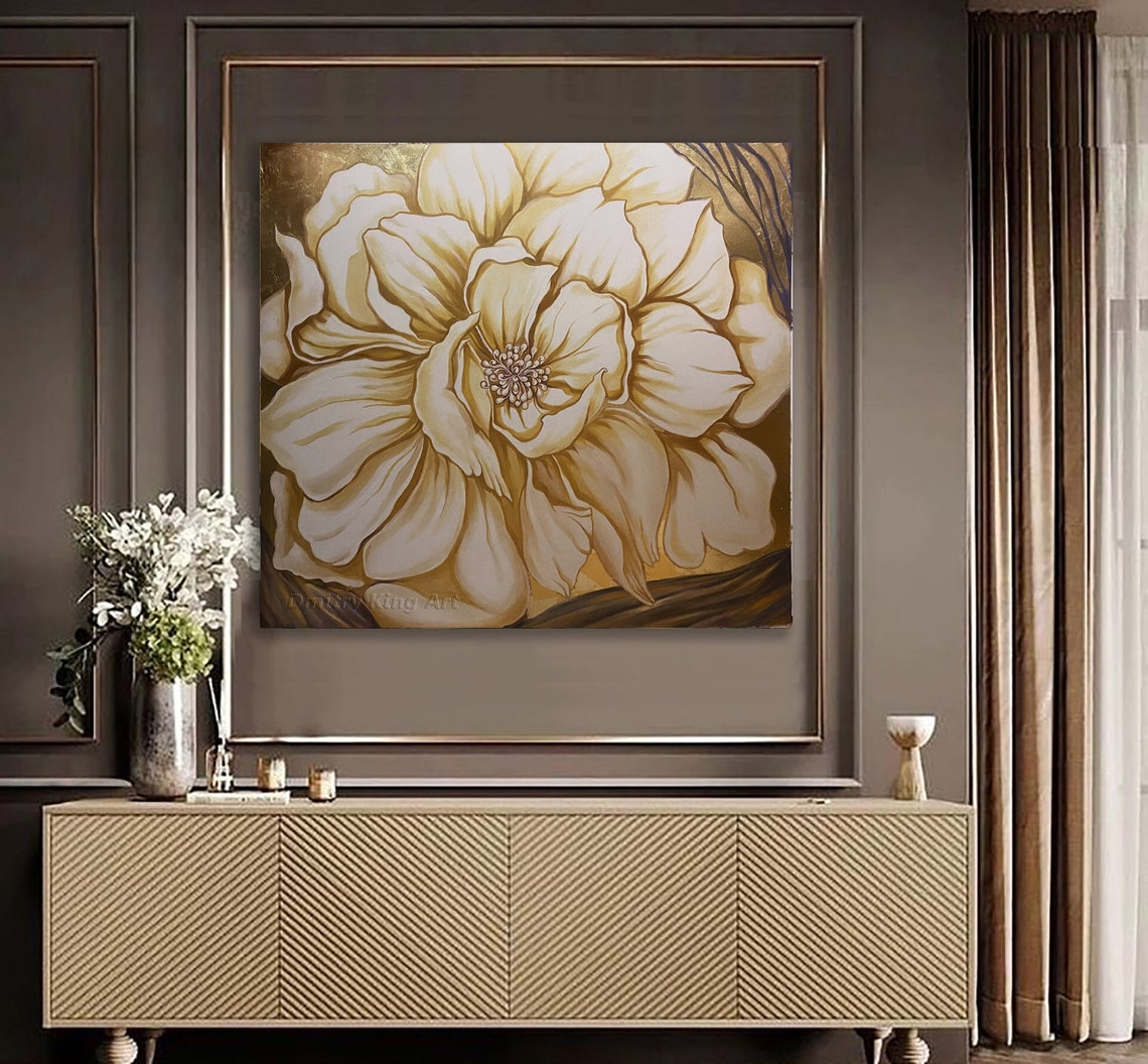Large Gold Flower Wall Art Floral Painting Gold Leaf Etsy