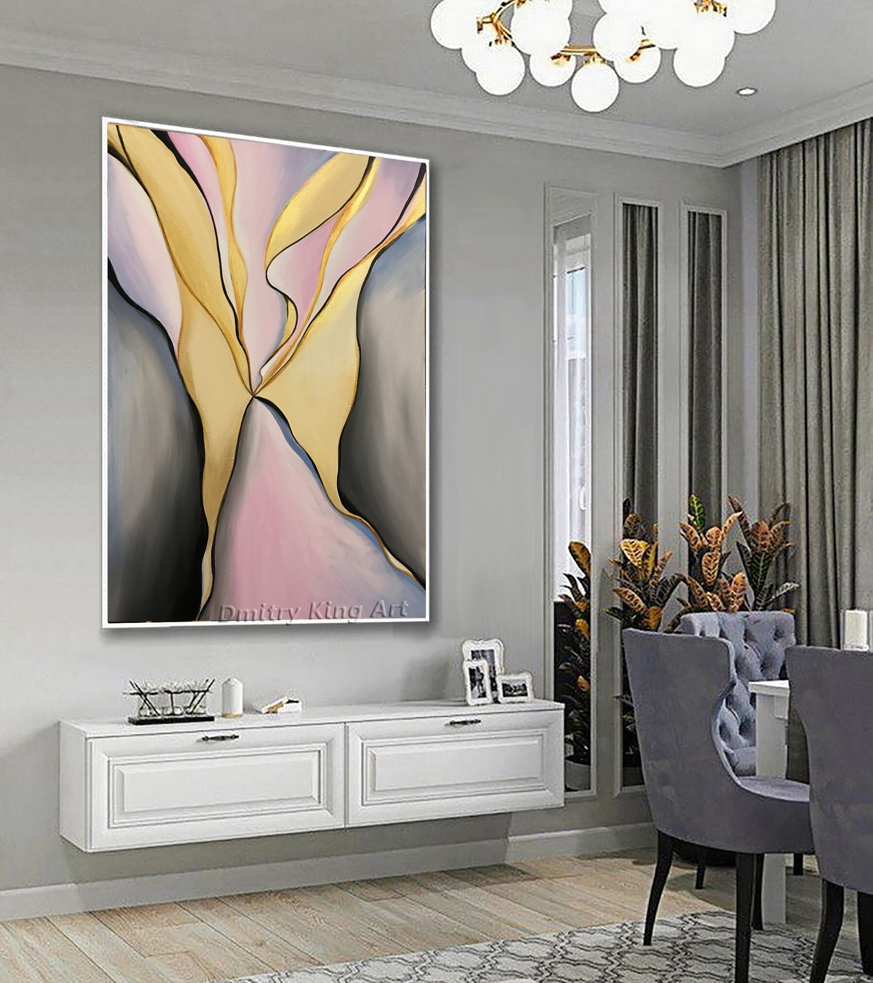 Large Abstract Grey Pink Oil Painting on Canvas Gold Leaf Art Abstract