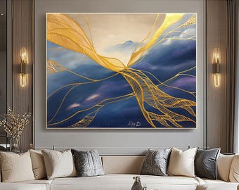ウォールアート ネイビー ゴールド インテリア 青色の抽象画 抽象