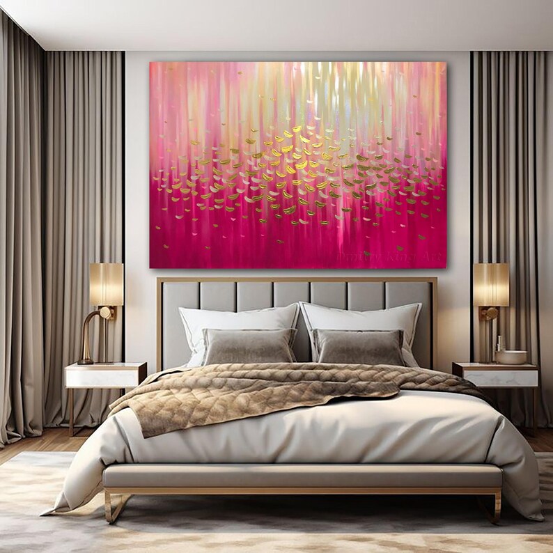 Modern Abstract Acrylic Painting Gold Leaf Canvas Painting Pink ...