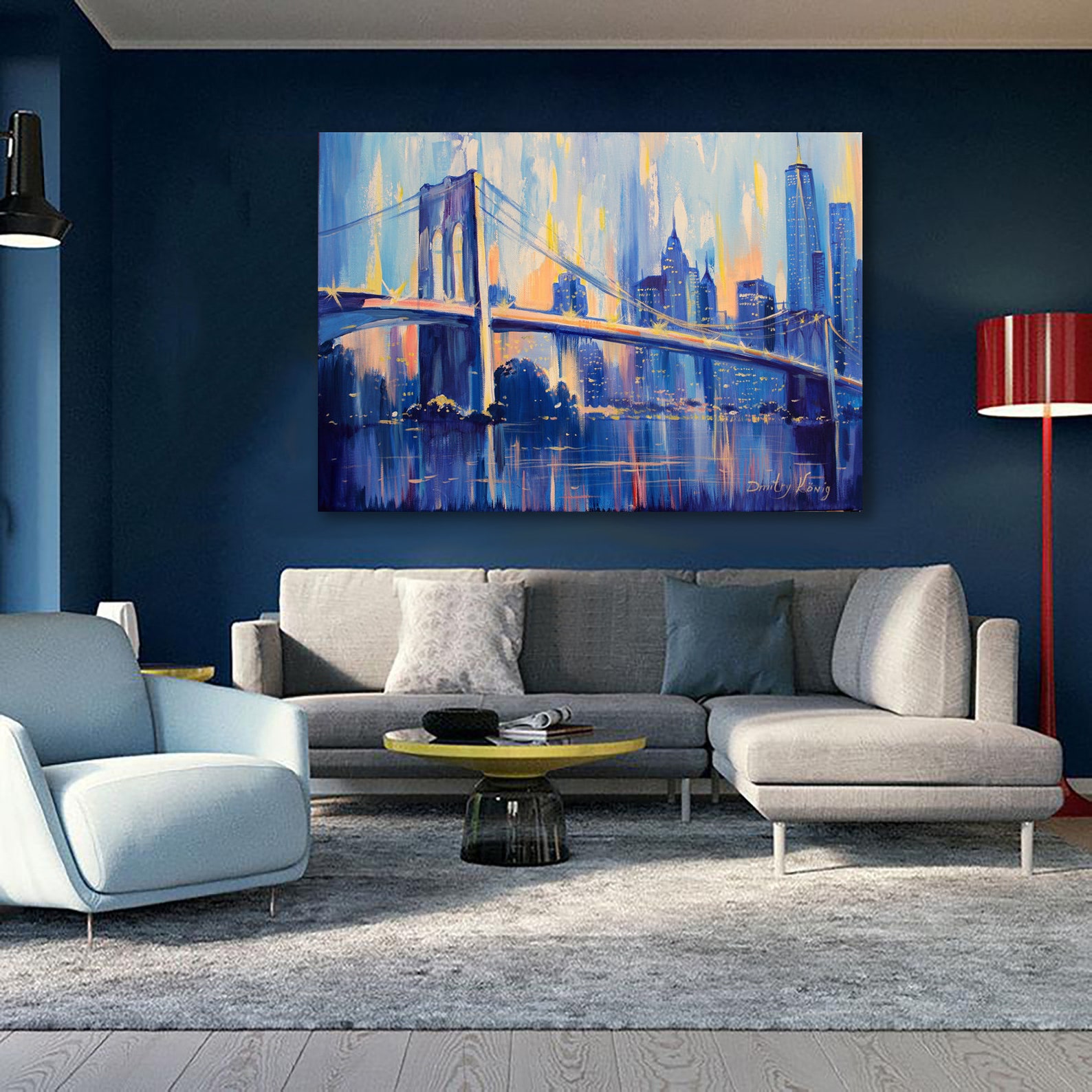 Large Urban Abstract Painting, Blue Landscape Abstract Painting, New