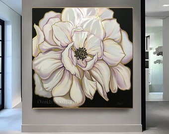 Large White Gold Black Flower Wall Art, Acrylic Floral art, Abstract Floral Painting, Gold leaf Textured painting Luxury wall art Home Decor