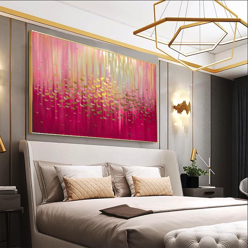 Modern Abstract Acrylic Painting Gold Leaf Canvas Painting Pink ...