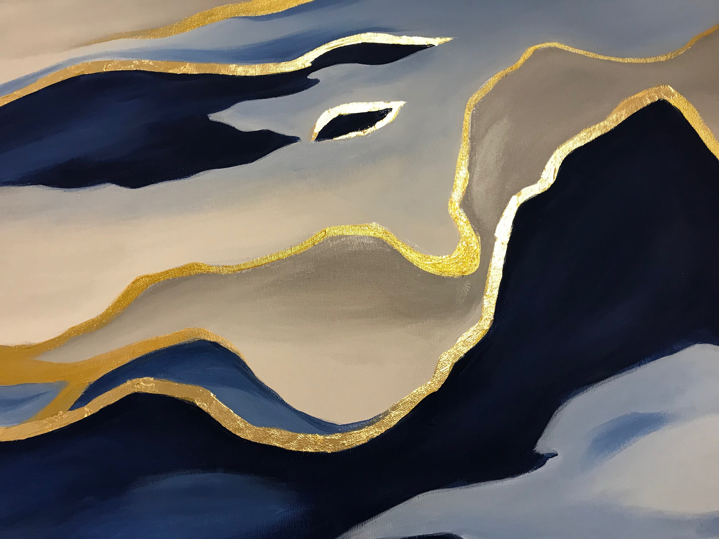 Large Abstract Blue Gold Painting Navy Blue White Gold Leaf Etsy