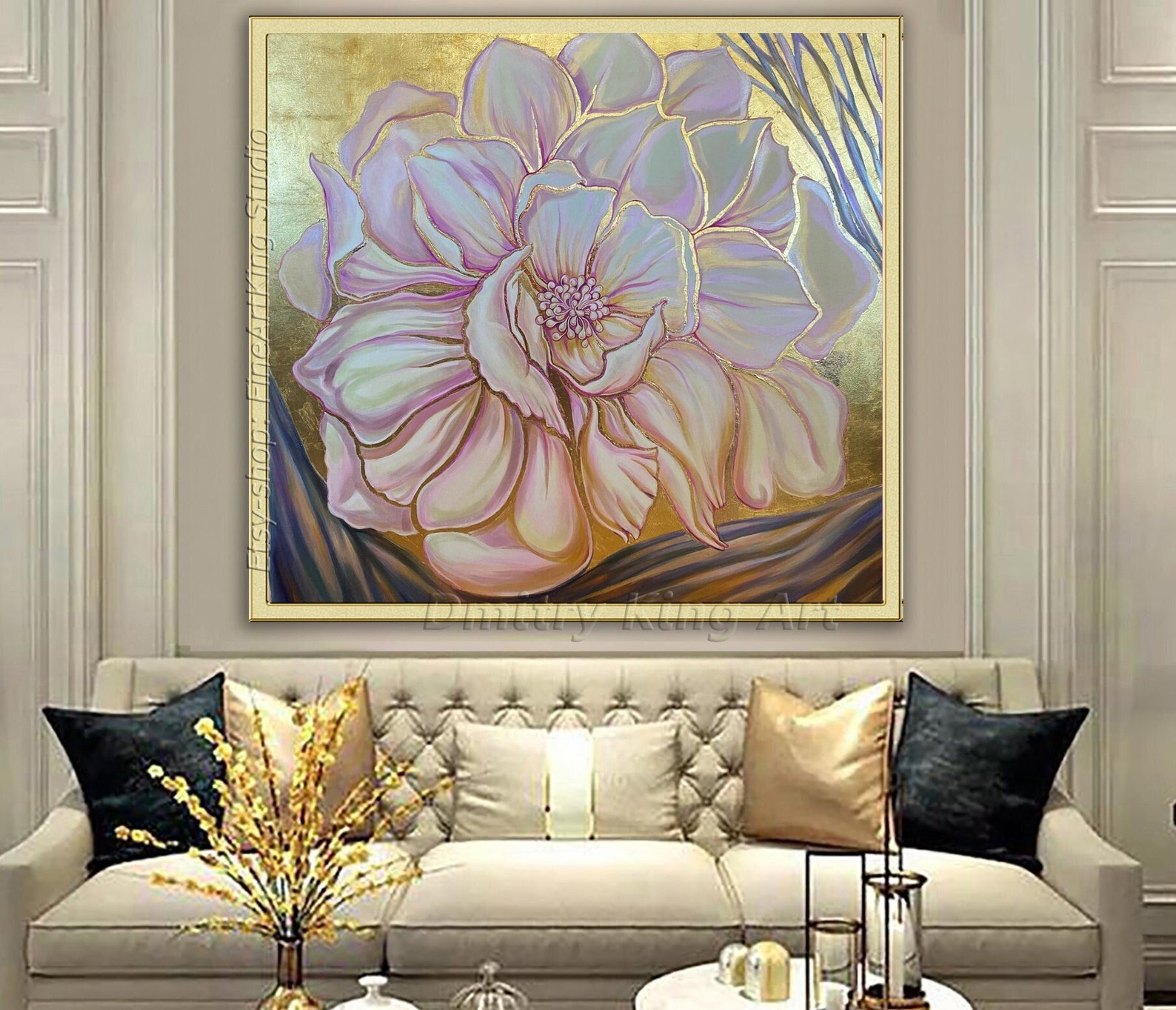Large Rose Gold Flower Wall Art Art Deco Floral Art Floral Etsy