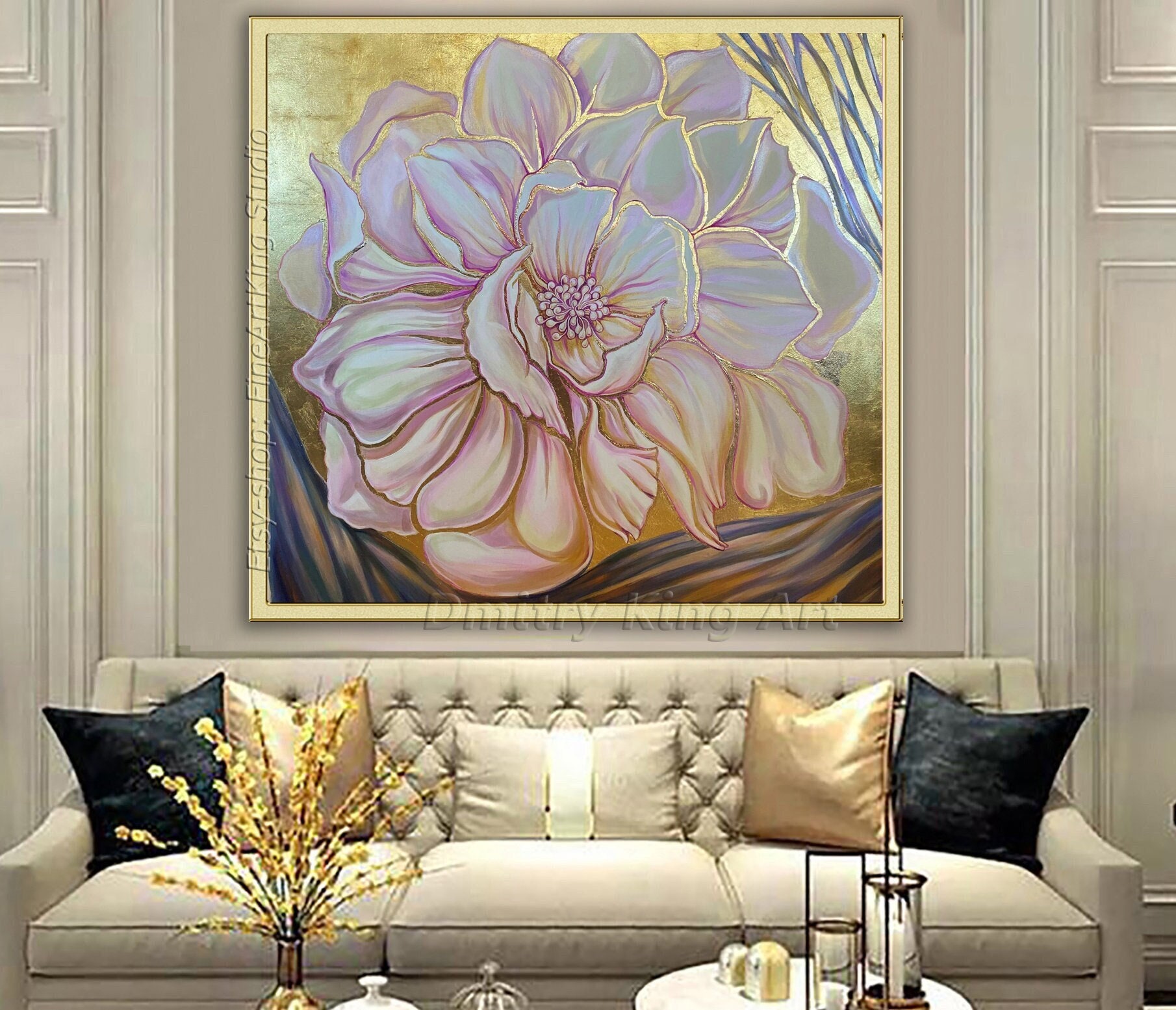Large Rose Gold Flower Wall Art Art Deco Floral Art Floral Etsy