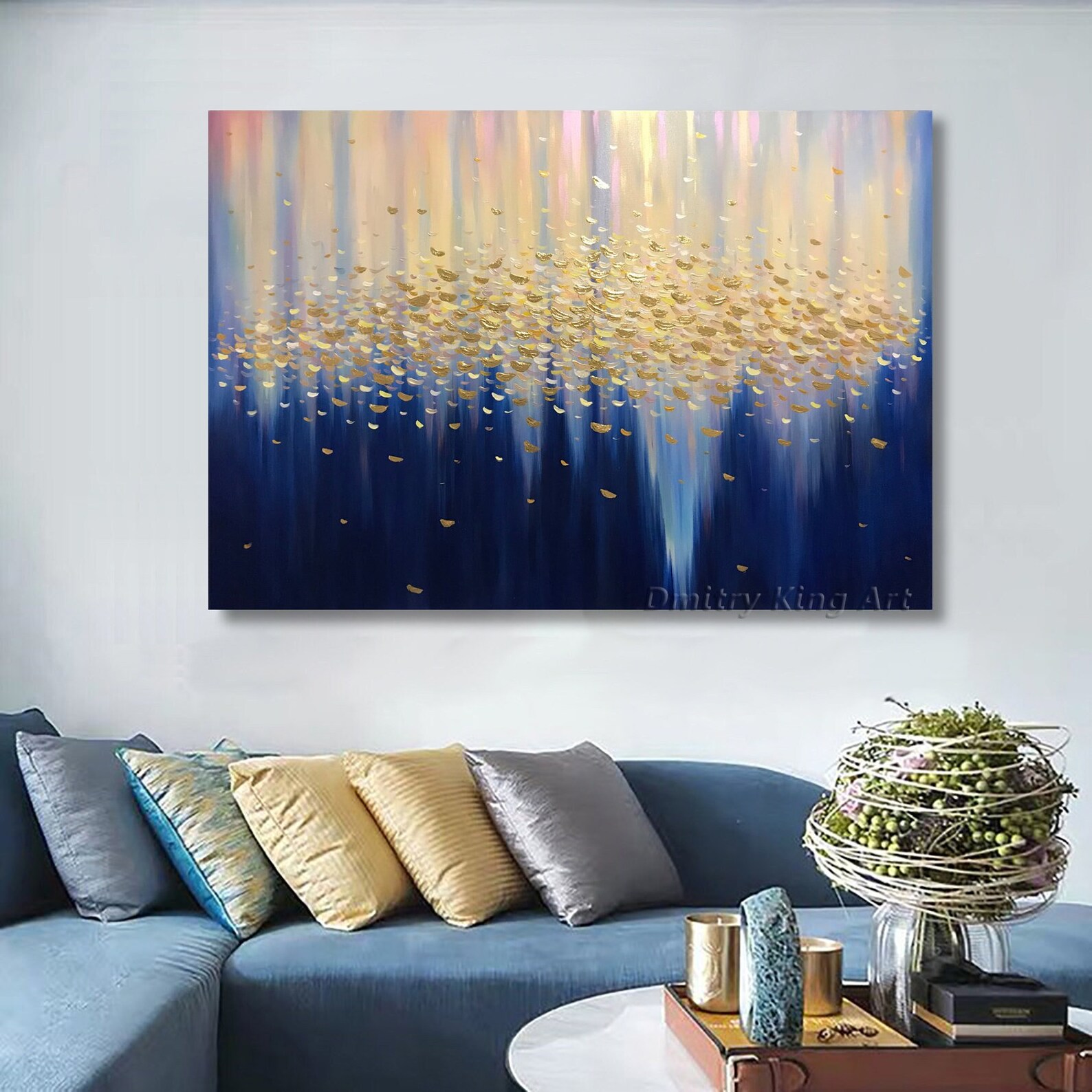 Large Abstract Golden Oil Painting, Navy Blue White Colors, Modern Art
