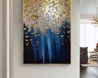 特大の絵画、青と金の抽象画、抽象画、金箔の絵画、特大の抽象画、壁