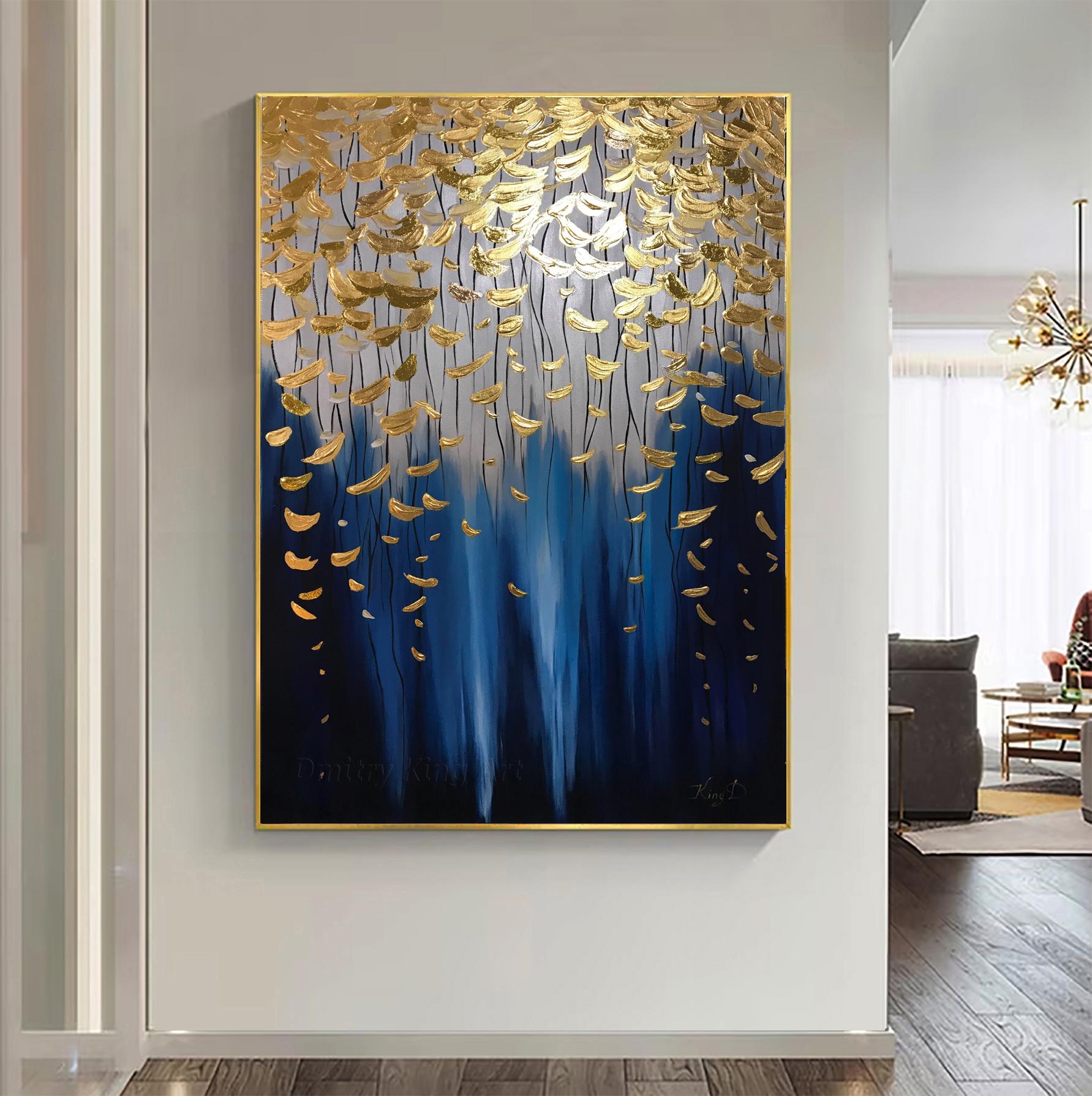 特大の絵画、青と金の抽象画、抽象画、金箔の絵画、特大の抽象画、壁