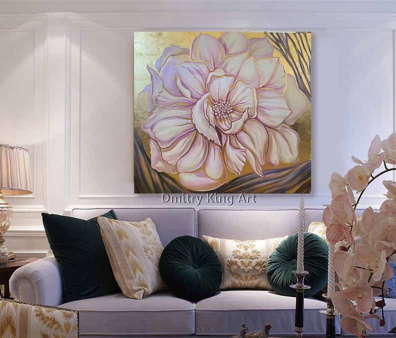 Large Rose Gold Flower Wall Art, Art Deco floral art, Floral Painting, Gold leaf painting