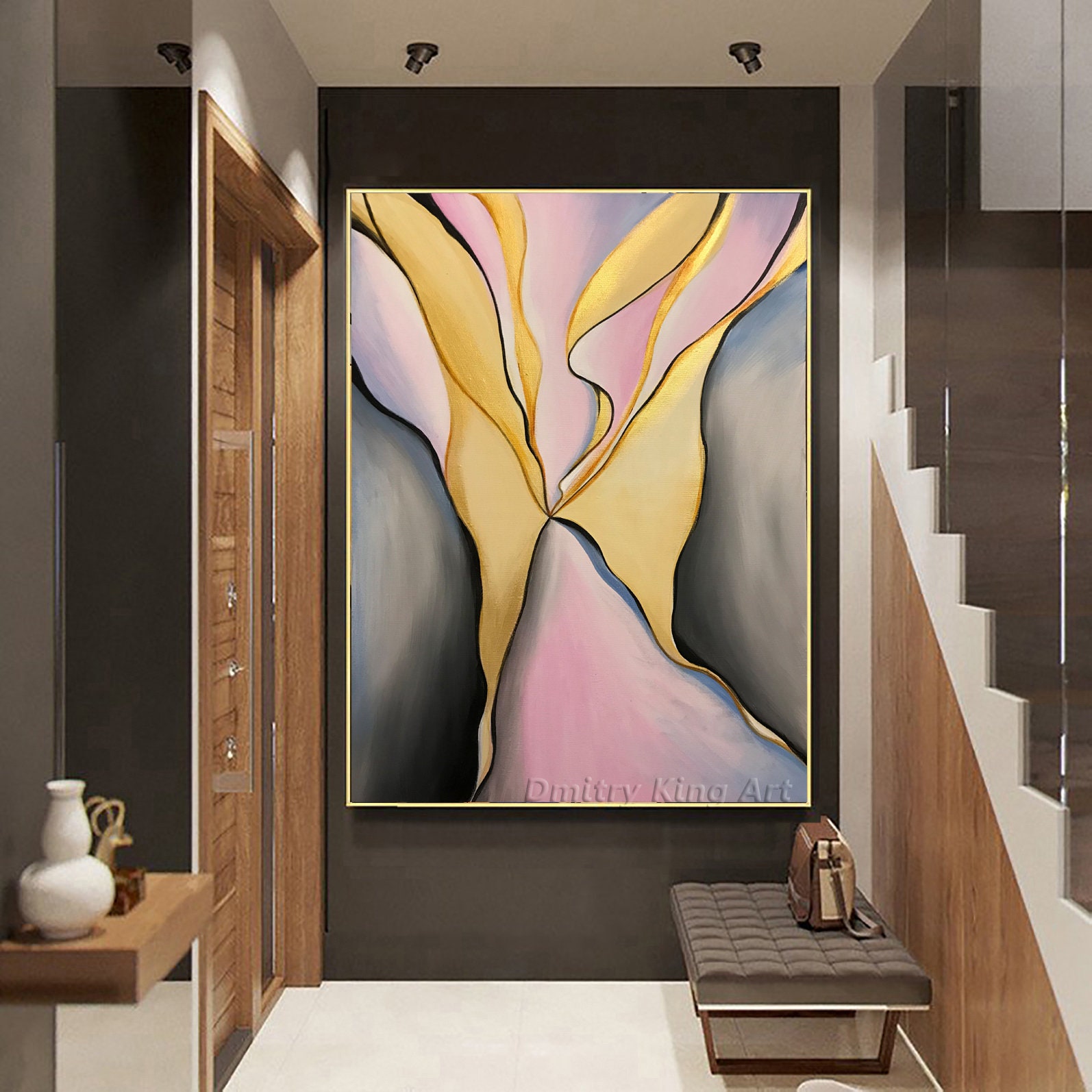 Large Abstract Grey Pink Oil Painting on Canvas Gold Leaf Art Abstract