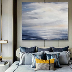 Large Ocean Abstract Painting, Blue Ocean Abstract Painting, Sea Wave Original Abstract Canvas Oil Painting, Sky Abstract Landscape Painting image 8