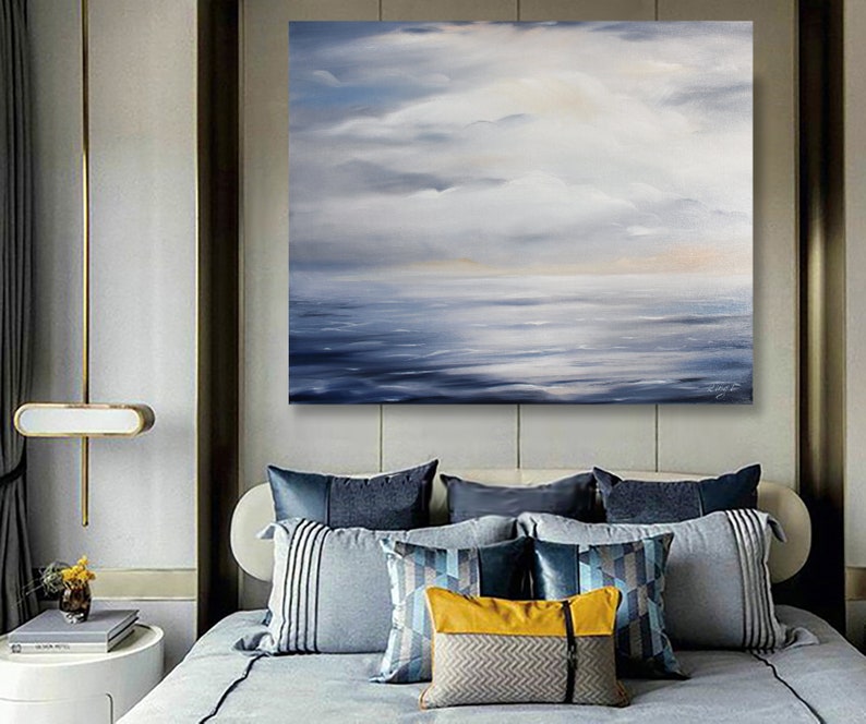 Large Ocean Abstract Painting, Blue Ocean Abstract Painting, Sea Wave Original Abstract Canvas Oil Painting, Sky Abstract Landscape Painting image 8