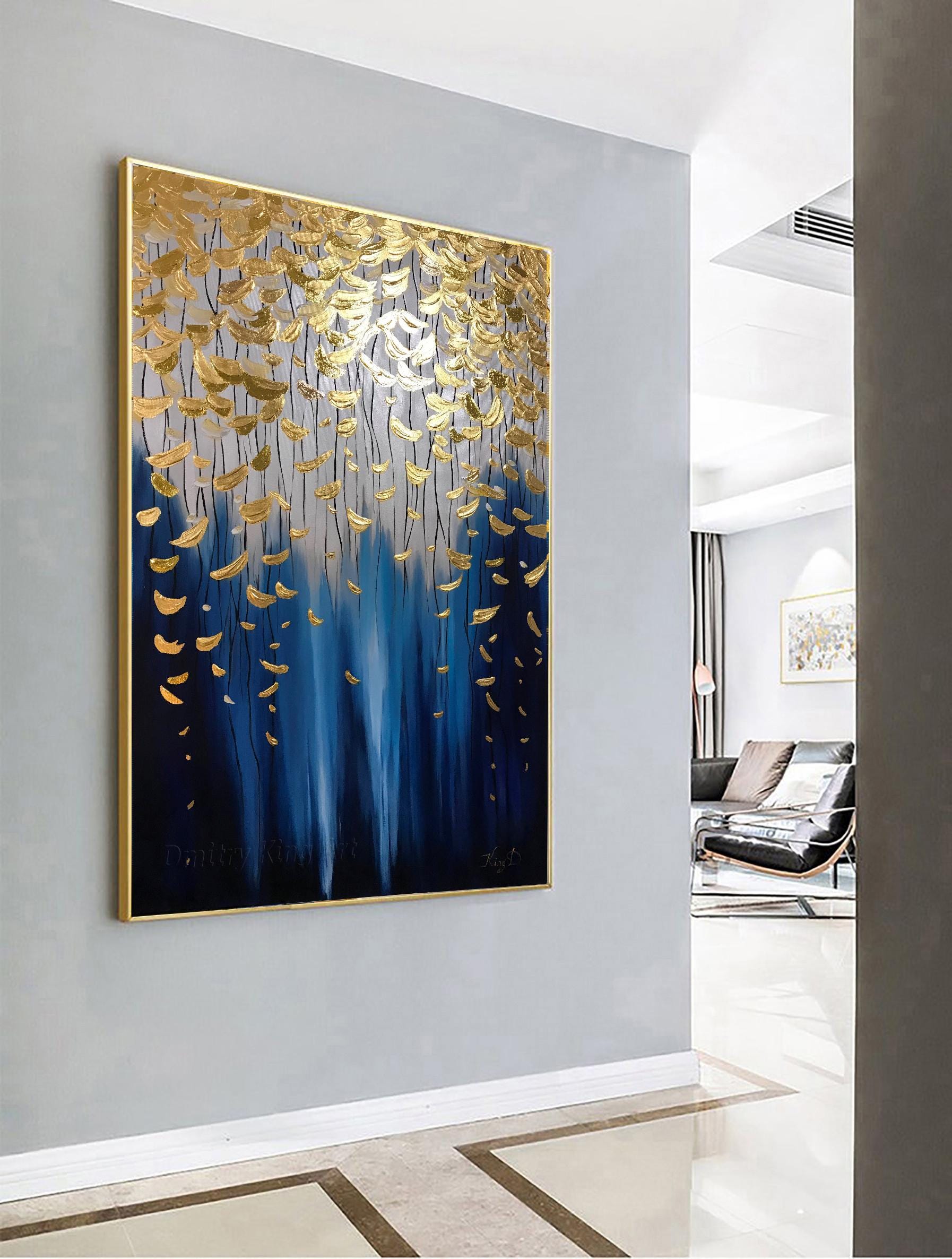 特大 油絵 絵画 インテリア アンティーク 抽象画 額縁 特大の絵画、青と金の抽象画、抽象画、金箔の絵画、特大の抽象画、壁