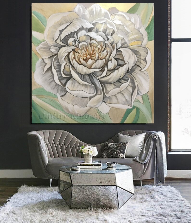 Large White Flower Wall Art Gold Green Floral Art Abstract Etsy