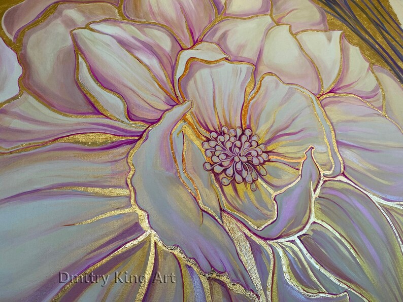 May include: A close-up of a painting of a large, white flower with gold accents. The flower has a pink center and is surrounded by other flowers.