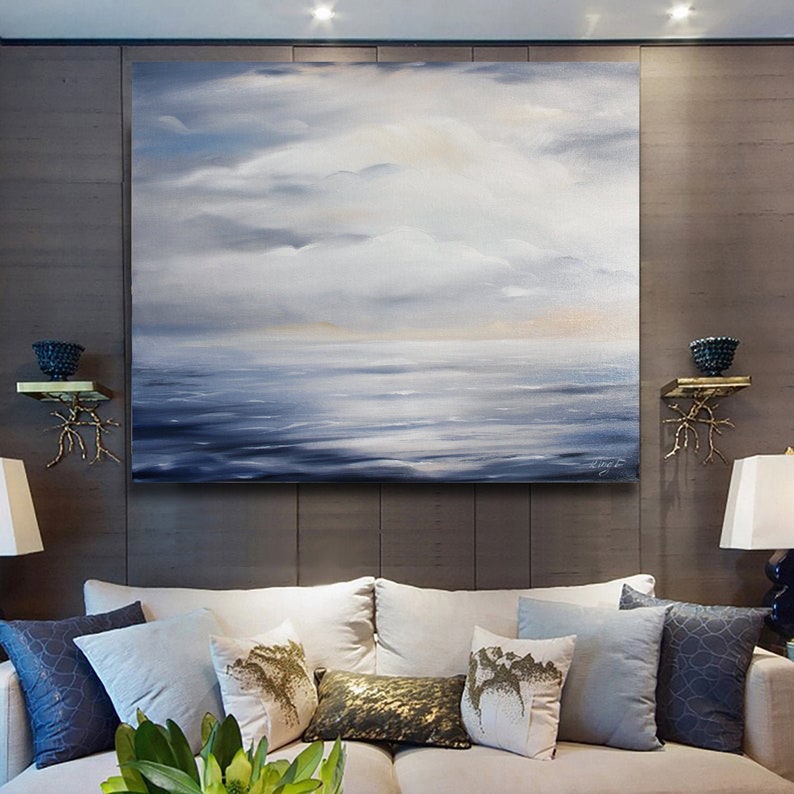 Large Ocean Abstract Painting, Blue Ocean Abstract Painting, Sea Wave Original Abstract Canvas Oil Painting, Sky Abstract Landscape Painting image 1