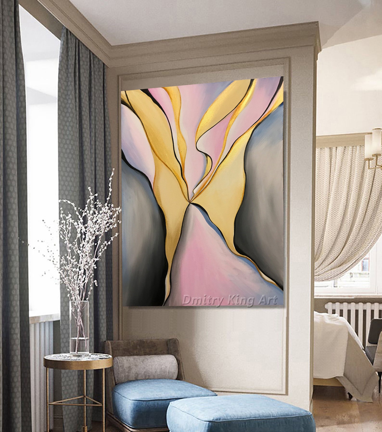 Large Abstract Grey Pink Oil Painting on Canvas Gold Leaf Art Etsy